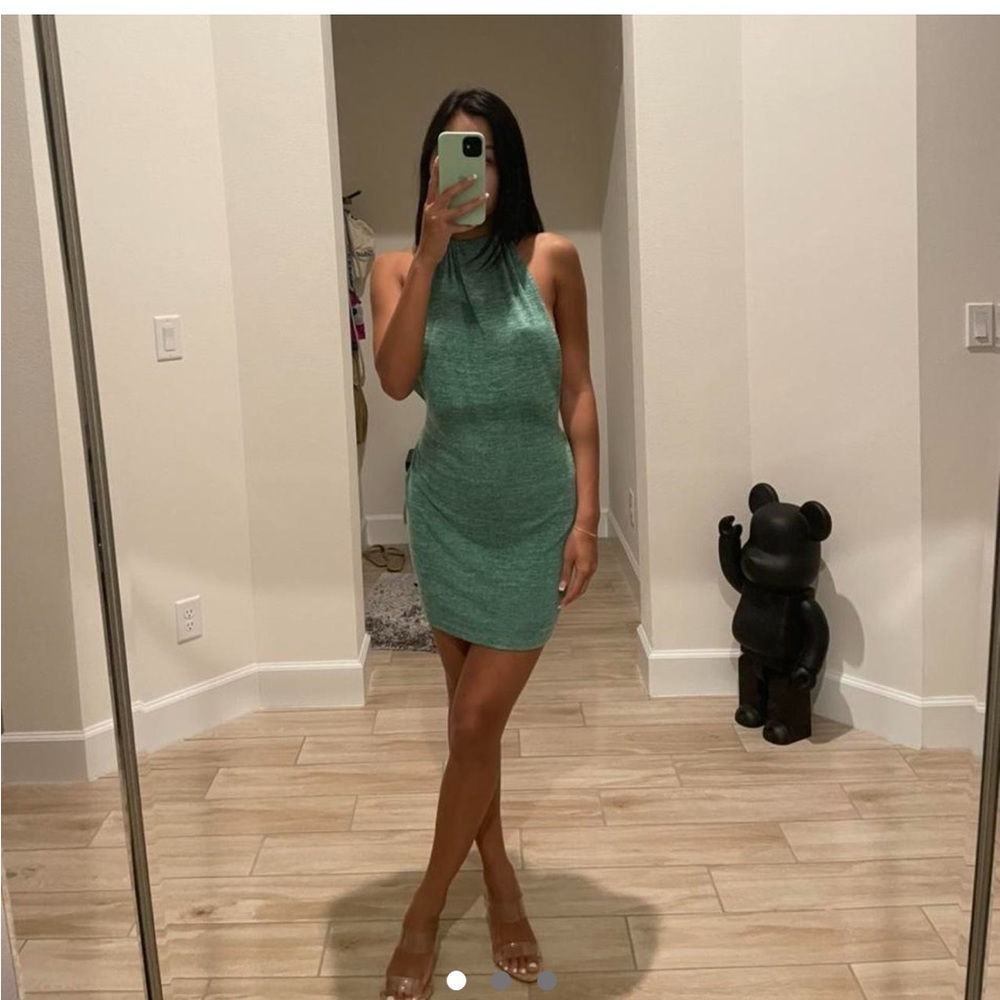 Green halter body con dress